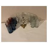 Crystal Compote Dish with Brass Base and 10 Textured Glass Tumblers