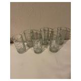 Crystal Compote Dish with Brass Base and 10 Textured Glass Tumblers