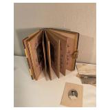 Antique Photo Album with Victorian Photographs and Vintage Desk Lamp