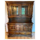 Vintage Wood Hutch with Glass Display and Storage Drawers
