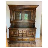 Vintage Wood Hutch with Glass Display and Storage Drawers