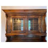 Vintage Wood Hutch with Glass Display and Storage Drawers