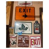 Collection of 8 Vintage and Retro Metal Signs Including Exit, Chevrolet, and Advertising