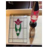 Stained Glass Panel with Red Flower Design and Red Lava Lamp