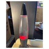 Stained Glass Panel with Red Flower Design and Red Lava Lamp