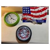 Lot of 2 Wall Clocks and United We Stand Flag Lighted Sign