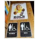Vintage Bols Advertising Tin Sign with Restroom Signs