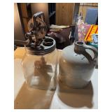 Vintage Glass Hand Crank Butter Churn and Stoneware Jug Set