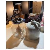 Vintage Glass Hand Crank Butter Churn and Stoneware Jug Set