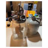Vintage Glass Hand Crank Butter Churn and Stoneware Jug Set