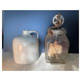 Antique Stoneware Jug and Glass Butter Churn with Hand Crank