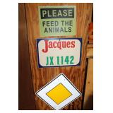 Collection of 3 Vintage Metal Signs Including Jacques JX 1142 and Feed the Animals