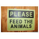 Collection of 3 Vintage Metal Signs Including Jacques JX 1142 and Feed the Animals