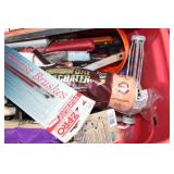 Assorted Painting Tools and Brushes in Red Storage Bin
