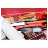 Assorted Painting Tools and Brushes in Red Storage Bin