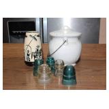 Lot of Vintage Glass Insulators, Asian Ceramic Vase, and White Porcelain Chamber Pot