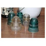 Lot of Vintage Glass Insulators, Asian Ceramic Vase, and White Porcelain Chamber Pot