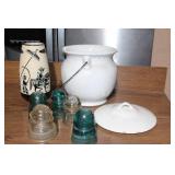 Lot of Vintage Glass Insulators, Asian Ceramic Vase, and White Porcelain Chamber Pot