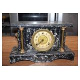 Antique Black Marble Mantel Clock with Brass Accents