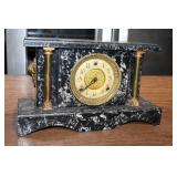 Antique Black Marble Mantel Clock with Brass Accents