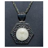 Vintage Sterling Moon Face Pendant with Silver-Tone Chain