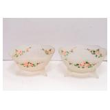 Two Handpainted Footed Frosted Glass Bowls with Metal Wire Basket