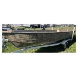 Camoflauge 16’ tiller boat with NO motor on bunk trailer.