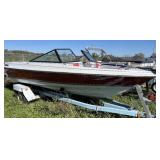 1986 Sunbird 18’ Runabout with Volvo V6 and Roller Trailer.  V-hull boat with open bow.