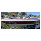 1986 Sunbird 18’ Runabout with Volvo V6 and Roller Trailer.  V-hull boat with open bow.