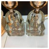 MCM Heavy Clear Glass Orb on Cube Lamp Pair