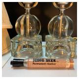 MCM Heavy Clear Glass Orb on Cube Lamp Pair