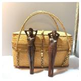 Handmade Philippine Basket with Lid and Handles, 2 Philippine Wood Nude Lady Nutcrackers