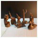 Carved Teak Figurines, Brass Ship Bookends, Silverplated Matchboxes, other small items