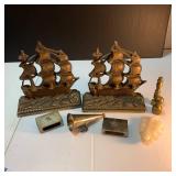 Carved Teak Figurines, Brass Ship Bookends, Silverplated Matchboxes, other small items