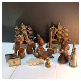 Carved Teak Figurines, Brass Ship Bookends, Silverplated Matchboxes, other small items