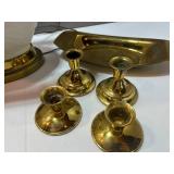 Brass Tray, Candleholders and Lalique Style Lamp