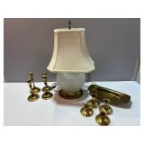 Brass Tray, Candleholders and Lalique Style Lamp