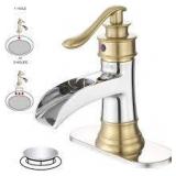 BWE Waterfall Single Handle Single Hole Low-Arc Bathroom Faucet Bathroom Drip-Free Vanity Sink Faucet in Chrome and Gold   Customer Returns See Pictures