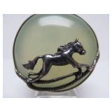 Sterling Silver Running Horse Brooch Pendant w/Pale Green Stone