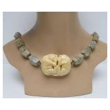 Large Stone Beaded Oriental Necklace w/Large Carved Bone Dual Jaguar/Tiger Pendant