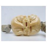 Large Stone Beaded Oriental Necklace w/Large Carved Bone Dual Jaguar/Tiger Pendant