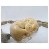 Large Stone Beaded Oriental Necklace w/Large Carved Bone Dual Jaguar/Tiger Pendant