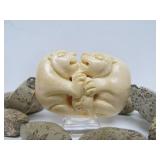 Large Stone Beaded Oriental Necklace w/Large Carved Bone Dual Jaguar/Tiger Pendant