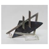 Excellent Larger Sterling Silver Sculptural Modernist Brooch w/Genuine Pearl