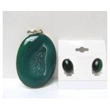 Very Nice Larger Green Onyx & Sterling Silver Pendant w/Earrings