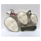 Lovely Carved Bone 3-Face Sterling Silver Pendant w/Ancient Glass & Gemstones