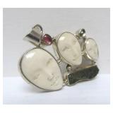 Lovely Carved Bone 3-Face Sterling Silver Pendant w/Ancient Glass & Gemstones
