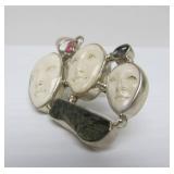 Lovely Carved Bone 3-Face Sterling Silver Pendant w/Ancient Glass & Gemstones