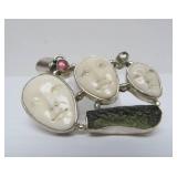 Lovely Carved Bone 3-Face Sterling Silver Pendant w/Ancient Glass & Gemstones