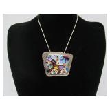 Fantastic Large Sterling Silver & Cloisonné Enamel Pendant Necklace by C.R. Dunetz